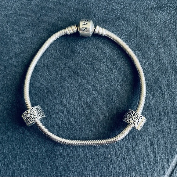 Authentic Pandora Snake Chain Bracelet With 2 Layers of Lace Clip Charm … - Picture 1 of 5